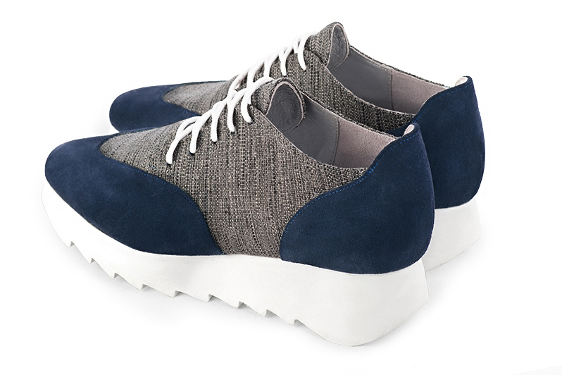 Navy blue and dark grey women's casual lace-up shoes. Square toe. Low rubber soles. Rear view - Florence KOOIJMAN